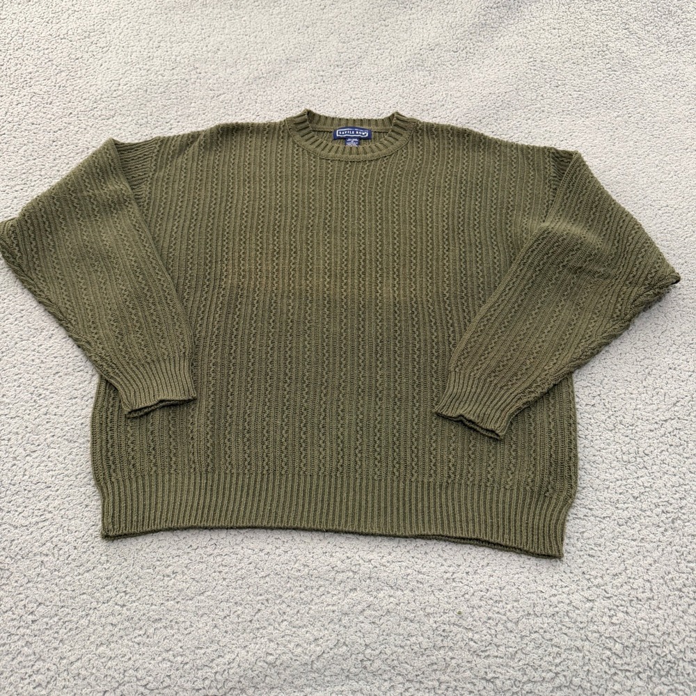 VTG Savile Row Sweater Mens M Green Ramie Cotton Textured Cable Knit Crewneck